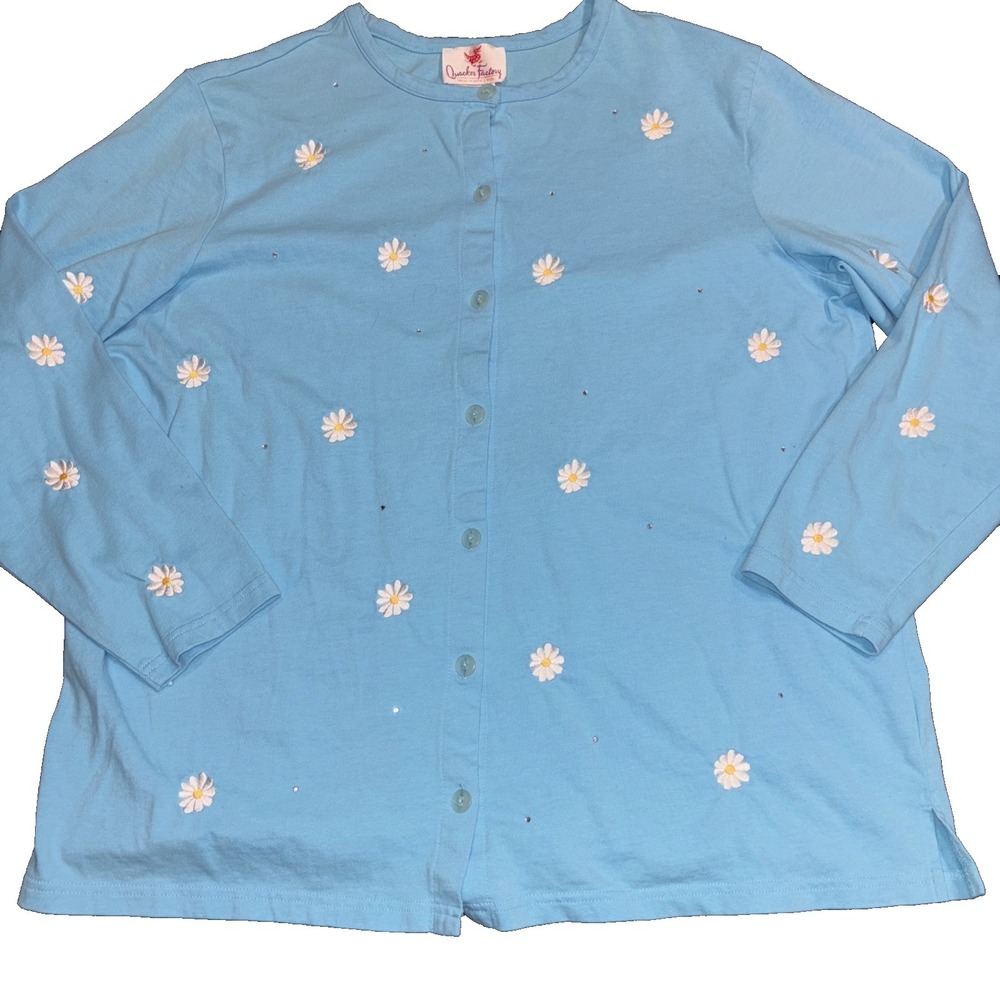 Quacker Factory Sweater Womens 1X Daisy Floral Embroidered Cardigan 100% Cotton